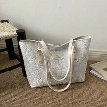 歐美跨境個性化大容量字母極簡印花托特包，新款女款菱格紋絎縫通勤單肩包 - 白色 - 查看 12