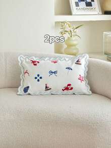 LCUHPCL Spring/Summer Wavy Edge Embroidered Ocean Shell, Crab, Starfish And Boat 3D Embroidery Pillowcase 1pc And 2pcs Home Decor Suitable For Living Room, Bedroom, Party And Various Environments - Multicolor - View 15