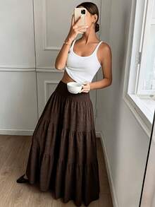 1pc Solid Color Casual Bohemian Elegant Polyester Ruffle Hem Women's Skirt Summer - Coffee Brown - View 4
