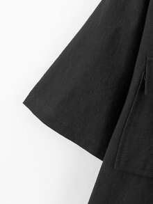 Men's 2 Pieces Linen Set, Summer New Men's Multi-Pocket Cargo Shirt Outfit, Loose Short Sleeve + Straight Leg Pants - Black - View 9