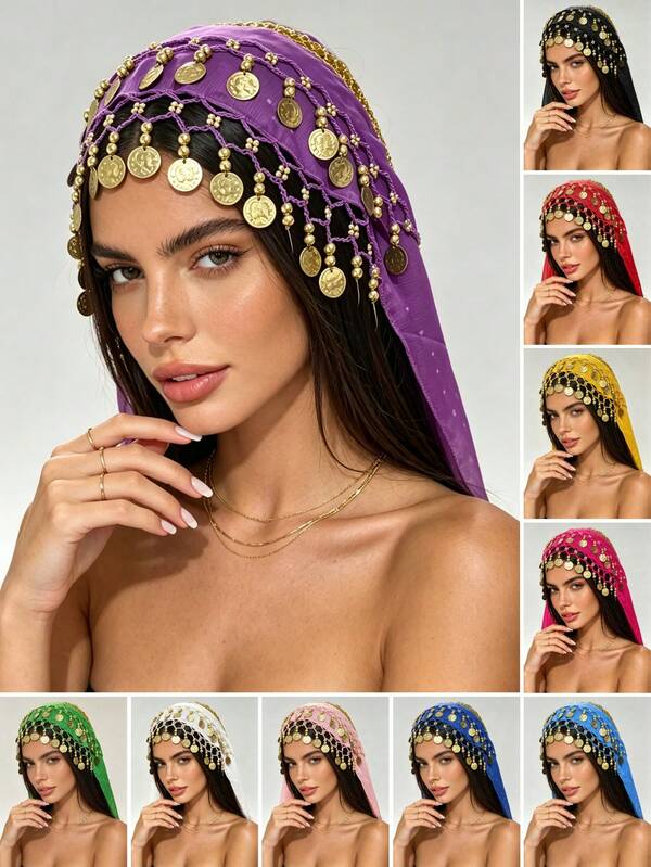 1 Stück ägyptischer Damen Pailletten Münz Fransen Chiffon Hüftschal Minirock & Kopftuch, verstellbarer Taillenriemen Bauchtanz Jazz Tanz Hüftwickelrock, Tanz Aufführungs Outfit für Karneval Rave Festival Nachtclub, Strand Accessoires für Frauen