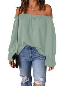 Spriolim - Blusa de gasa de manga larga con volantes y hombros descubiertos para mujer - 29 Boho Naranja - Ver 11
