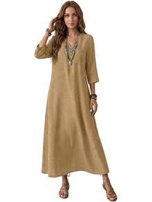 Genérico Vestido Largo de Lino de Algodón para Mujer,Manga 3/4,Vestido de Moda con Cremallera Trasera,Vestidos Largo Casual,para Playa,Invitado - Negro - Ver 10