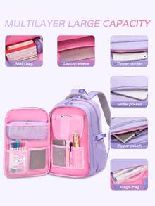 1pc Large Capacity Girls Backpack, Casual Fashion Backpack, 15.6 Inch Laptop Backpack, Girl's Shoulder Bag, School Backpack, With Luggage Strap, Outdoor Travel Bag, Suitable For Teenage Girls, School And Travel - Purple - View 4