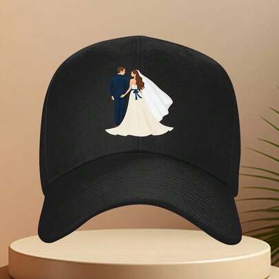 1pc Men's Wedding-Themed Baseball Cap With Bride & Groom Design - Adjustable Strap, Lightweight Polyester, Breathable Six-Panel Structured Crown Wedding Party, Prom, Valentine's Day - Washable Formal Event Hat - Solid Color, Hand Wash Or