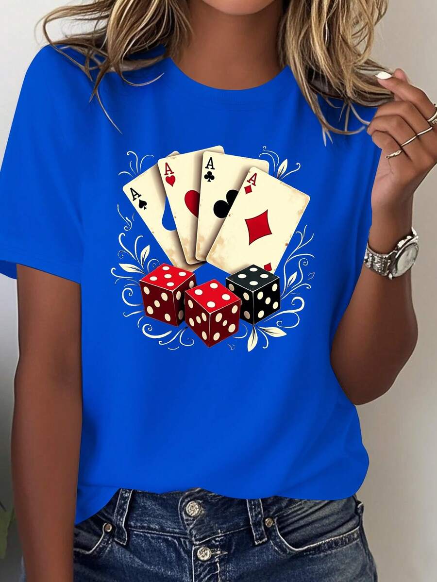 Women's 100% Cotton T-Shirt With Dice And Four Aces (4, 3, 2, 1) Designs - Casual Gaming-Themed Clothing, Machine Washable And Comfortable, Suitable For Poker Parties And Everyday Wear - 藍色 - 查看 1