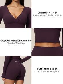 TimeOff Women's One Set Solid Color Criss-Cross Deep V-Neck Cropped Waist Long Sleeve Slim Fit Shorts Sports Set - Purple - View 4