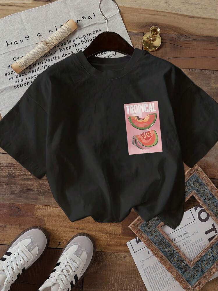 Women's Short-Sleeved Printed Summer T-Shirt, Women's Top, Pure Cotton Fabric, Regular Fit. Women's Blouses, Women's T-Shirts, Women's Casual Blouses, Women's Sets - 黑色 - 查看 2