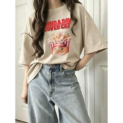レディースゆったりプリントTシャツ-半袖、ゆったりプリント、機械洗浄、プリントデザイン