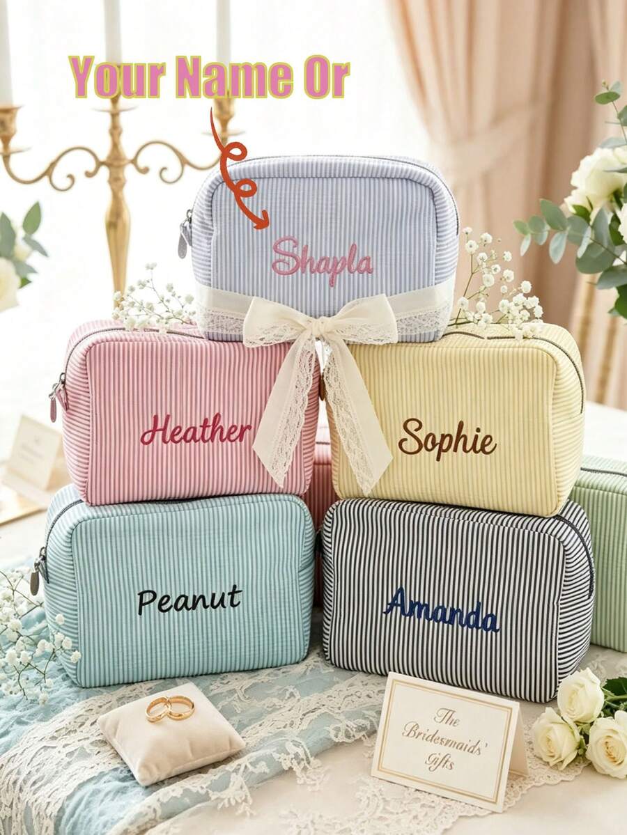 1pc Personalized Embroidered Travel Toiletry Bag/Bridesmaid Gift/Gift For Her/Gift For Mom/Striped Bubble Gauze Makeup Bag/Candy Color Storage Bag/Jewelry Storage Bag - Multicolor - View 1