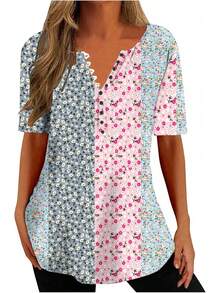 Ceboyel - Camisas Henley con estampado floral para mujer, cuello en V, sexy, casual, de manga corta, blusas elegantes para mujer - Azul #21 - Ver 29