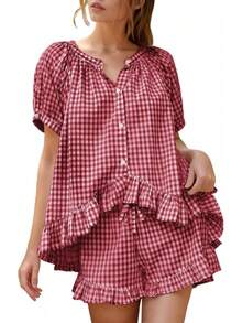 Flygo - Conjunto de pijama de cuadros para mujer, 2 piezas, de algodón, manga abombada, con volantes, conjunto de pijama de verano - Rosa - Ver 17