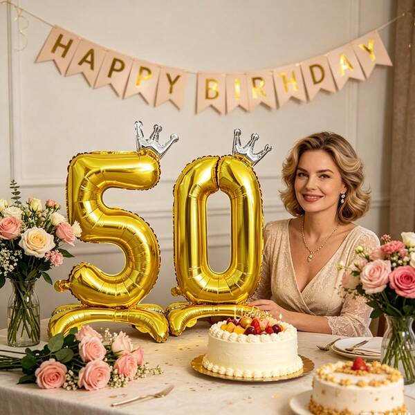 2 pièces Ballon en feuille d'aluminium géant doré "50" de 81,28 cm, ballon de chiffre debout avec design de couronne argentée, convient pour la décoration d'arrière-plan d'anniversaire, de célébration de mariage, ensemble de ballons de chiffre d'anniversaire géant