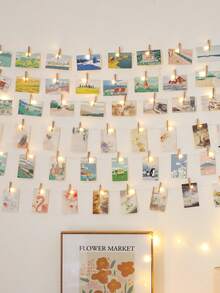 1pc 1-10m LED Copper Wire String Lights With Wooden Photo Clips, 10 Clips Per Meter (±2-3 Clips Error), Hanging Photo Cards Fairy Lights, Photo Wall Decoration Lights, Bedroom Atmosphere Decorative Light String, Suitable For Girls' Room Birthday Party Anniversary Home Decor - 銅色線 - 查看 3