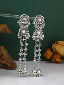 Bohemian Style Long Bell Tassel Pendant Earrings, Vintage Silver Rhinestone Floral Jhumka Earrings For Evening Party Wear - Tassel Style - View 9