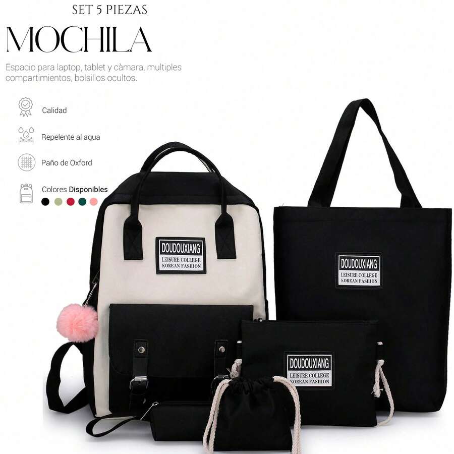 Shendy Vendy Backpack With Large Capacity, 5-Piece Set Fashionable Cool Youth Backpack Pencil Case Laptop School Student - MOD217 黑色 - 查看 1