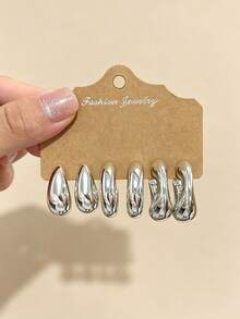6-18pcs Silver Women's Fashion Earring Set, Including Small Water Drop, Sunflower, Large Ribbed C-Shape, Large Water Drop, Smooth C-Shape Designs, Suitable For Fashion Party, Travel Vacation, Gift Engagement, And Various Occasions. - Silver - View 3