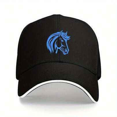 1pc Unisex Adjustable Baseball Cap With KASiDa - Lightweight Polyester, Breathable Mesh Back, Black With Blue Horse Design, Outdoor Sports, Fishing, Hiking, And Beach Vacations, Fishing Cap| Stylish Headgear| Durable Headwear
