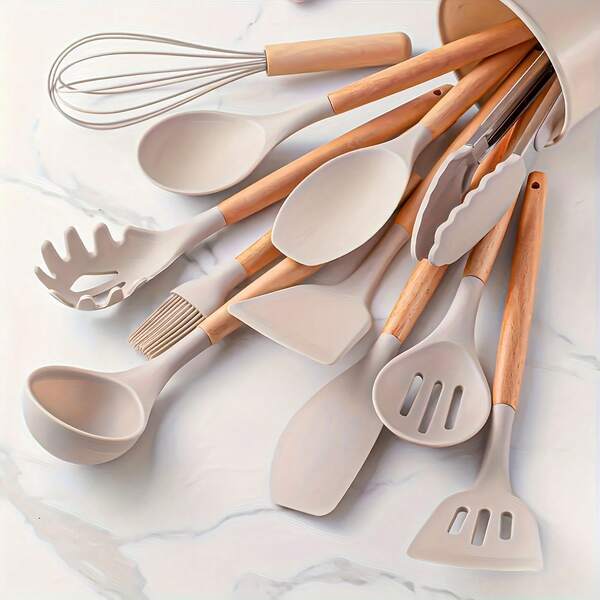 Conjunto de 12 utensílios de cozinha em silicone aleatório, com alças de madeira – utensílios de cozinha antiaderentes, resistentes a altas temperaturas e fáceis de limpar – perfeitos para culinária doméstica, além de serem essenciais para confeitaria em escolas e alojamentos – presente ideal para Natal, Halloween