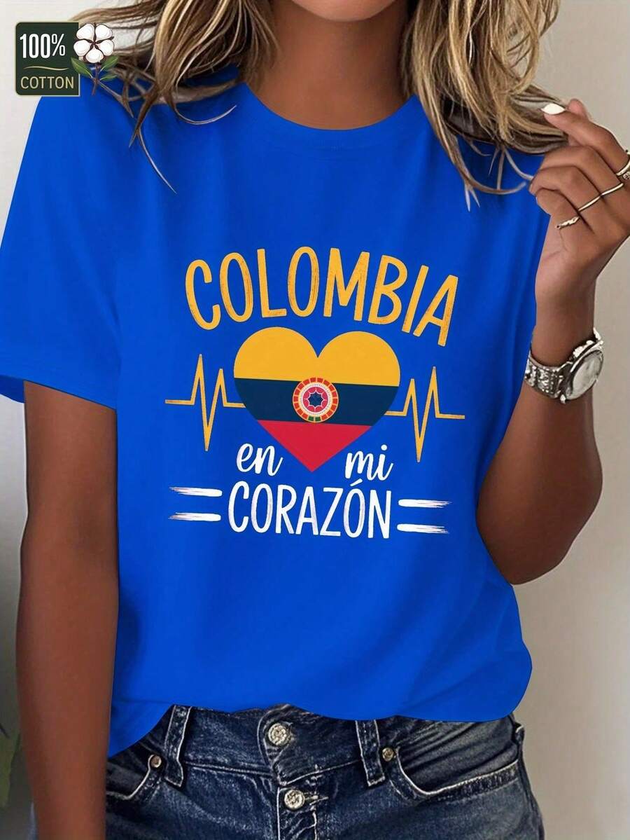 Women's Comfortable 100% Cotton Camisole - Heart Design With Colombian Flag And "In My Heart" Print, Summer Y2K Blouse, Graduation Season Beachwear For Women - 藍色 - 查看 1