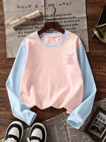 Tween Girl 1pc Printed Patchwork Contrast Color Long Sleeve T-Shirt, Suitable For Girls' Autumn/Winter Tops, Young Student Children's Wear, Suitable For Outerwear And Layering - Pink - View 6