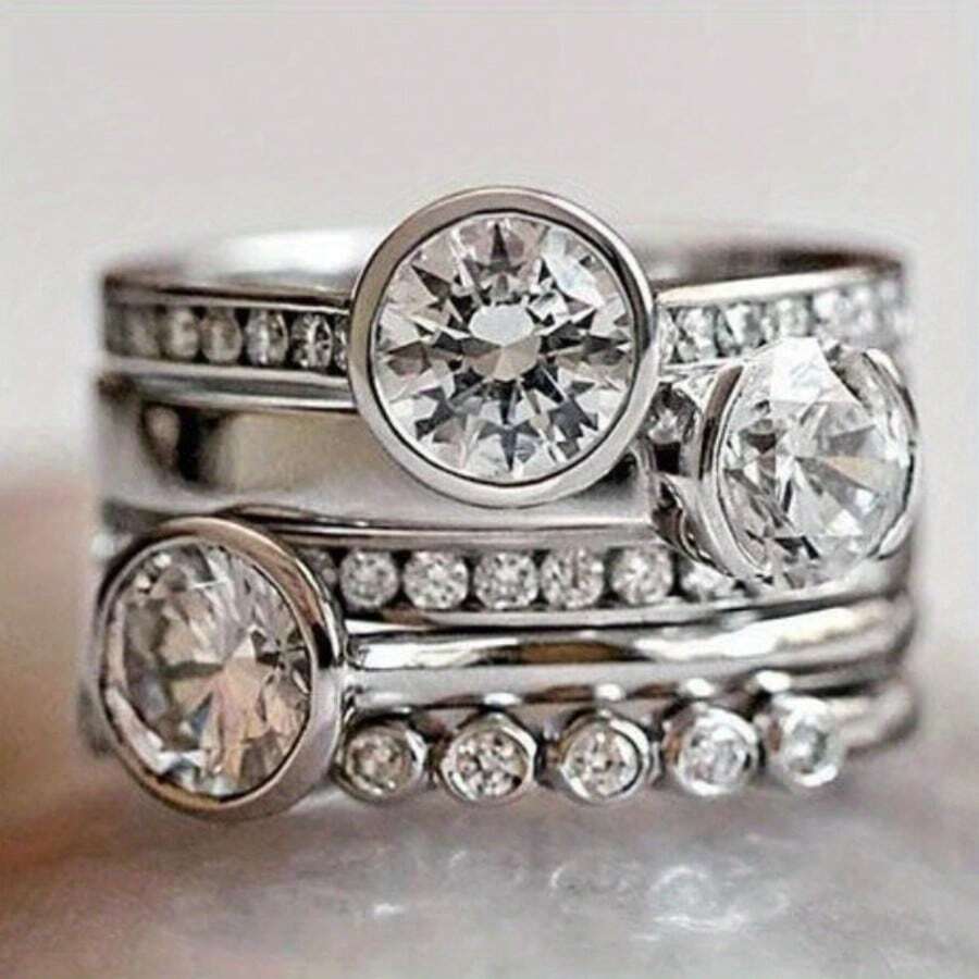 Romantic Exquisite Layered Cubic Zirconia Ring, Multi-Size Zirconia Creates Soft Dreamy Luster And Atmosphere, Suitable For Daily Wear And Afternoon Tea Gatherings, Exquisite Jewelry Gift For Women's Birthday And Holidays - Silver - View 1