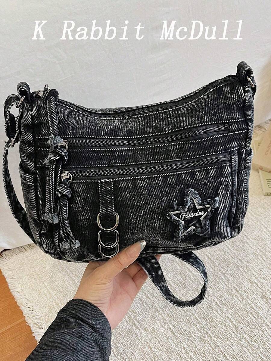 New Chic Casual Shoulder Bag Made Of Soft, Multi-Layered Denim With Multiple Pockets, Versatile, Suitable For Work, Shopping And Travel. - Hot Pink - View 1