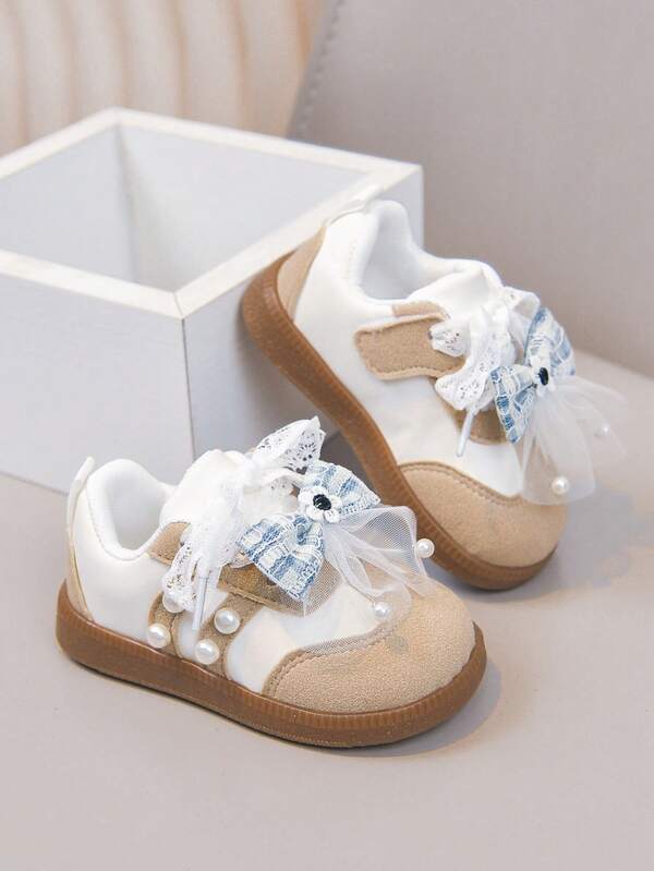 Girls' Sweet Plaid Bow Decor Shoes, Lace Trim + Pearl Embellishment, Easy-To-Wear Hook And Loop Athletic Shoes For Infant Girls