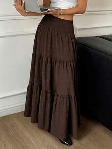 1pc Solid Color Casual Bohemian Elegant Polyester Ruffle Hem Women's Skirt Summer - Coffee Brown - View 5