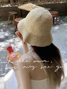 1件女款經典鏤空透氣草帽，春夏海灘旅行草帽，可折疊遮陽帽，百搭編織水桶帽，適合戶外旅行、海灘旅遊、日常穿搭 - 彩色 - 查看 8