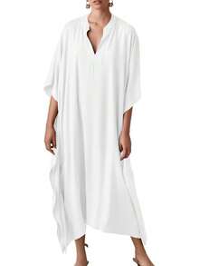 Bsubseach Mujer Vestido de Verano Kaftán para Playa de Seda Cuello en V Manga de Murciélago - Albaricoque B - Ver 9
