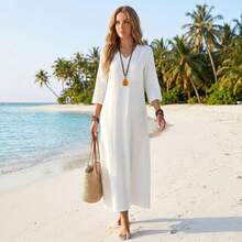 Genérico Vestido Largo de Lino de Algodón para Mujer,Manga 3/4,Vestido de Moda con Cremallera Trasera,Vestidos Largo Casual,para Playa,Invitado - Negro - Ver 2