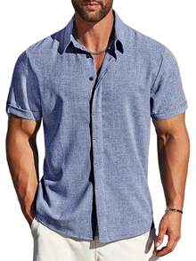 Camisas De Manga Corta con Botones para Hombre,Hombre Camisa Casual Manga Corta con Botones Ocultos,Adecuada para Playa,Trabajo,Cita. - Negro - Ver 11