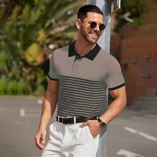 Camisa Polo Hombre, Camisa Tipo Polo Hombre, Cómodo y Transpirable, Rayas con Cuello en V, 3 Botones, Playeras Polo Hombre, Adecuado para Negocios - Morado - Ver 3