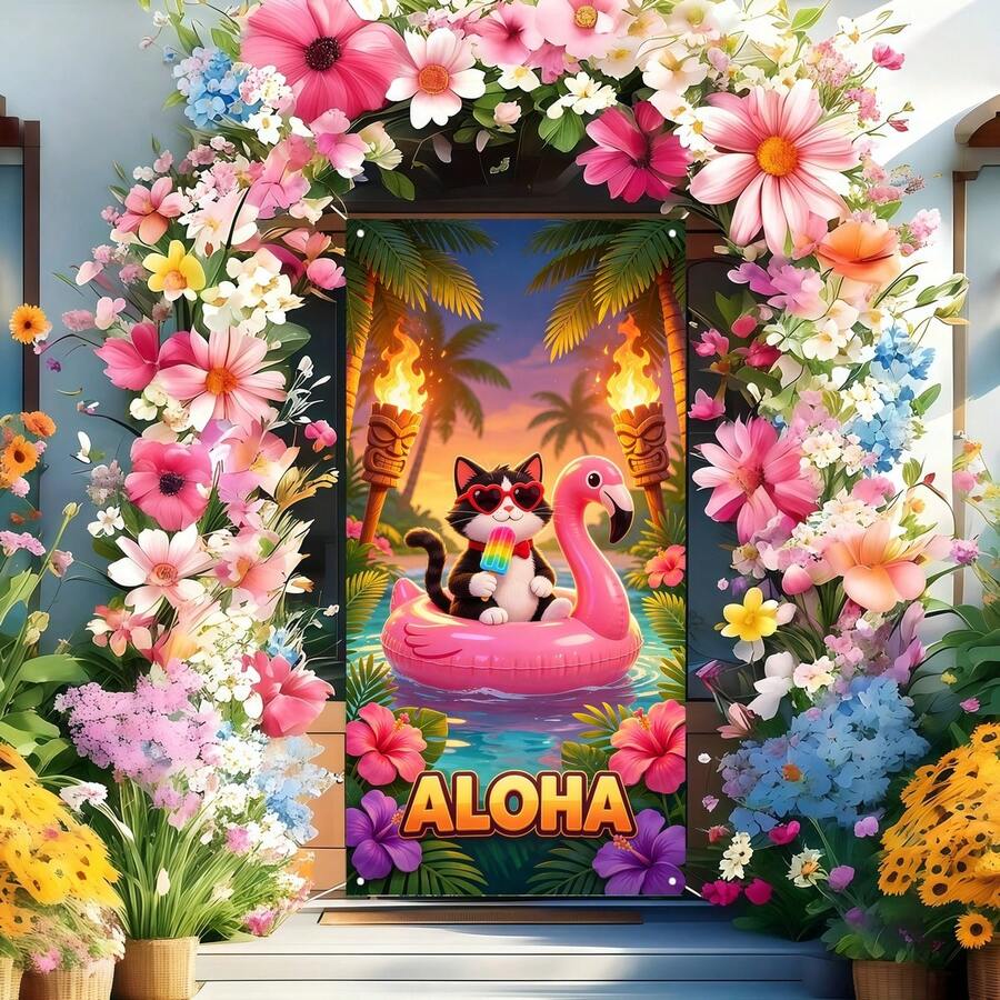 1 Stück Hawaiian Aloha Sommer Pool Tür Banner, Polyester Material, Mode Brille Katze Flamingo Tiki Fackel Muster Dekor Hintergrund, geeignet für Party Veranstaltungen, Veranda Dekoration, Fotografie Requisiten, Innen- & Außenwand Dekoration - Übersicht 1