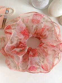 1pc Sweet Pink Mesh Rose Flower Large 4-Layer Scrunchie Hair Tie For Women, Bun And Low Ponytail - Multicolor - View 6