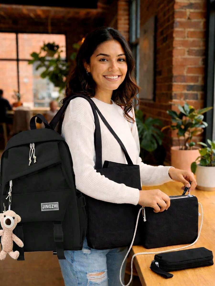 Shendy Vendy Backpack With Large Capacity, 5-Piece Set Fashionable Cool Youth Backpack Pencil Case Laptop School Student - MOD100 黑色 - 查看 1