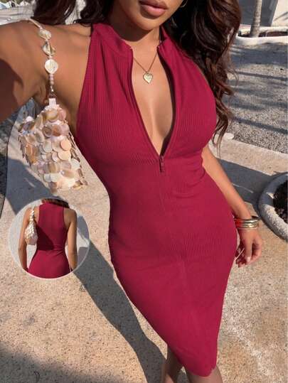 Women's Sexy Fitted Mid-Length Dress, Elegant Elegant Small Stand Collar Zipper Design Sleeveless Ribbed Texture Bodycon Dress