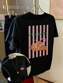Plus Size Women's Casual Short-Sleeved T-Shirt With A Bright Croissant And Striped Pattern, Round Neck Spring/Summer Top. Black - Black - View 10