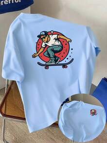 Skateboarding, deportes extremos, nueva camiseta de cuello redondo para hombre con estampado de doble cara, estilo casual deportivo, moda moderna, top de corte holgado, camiseta de manga cor - Blanco - Ver 6