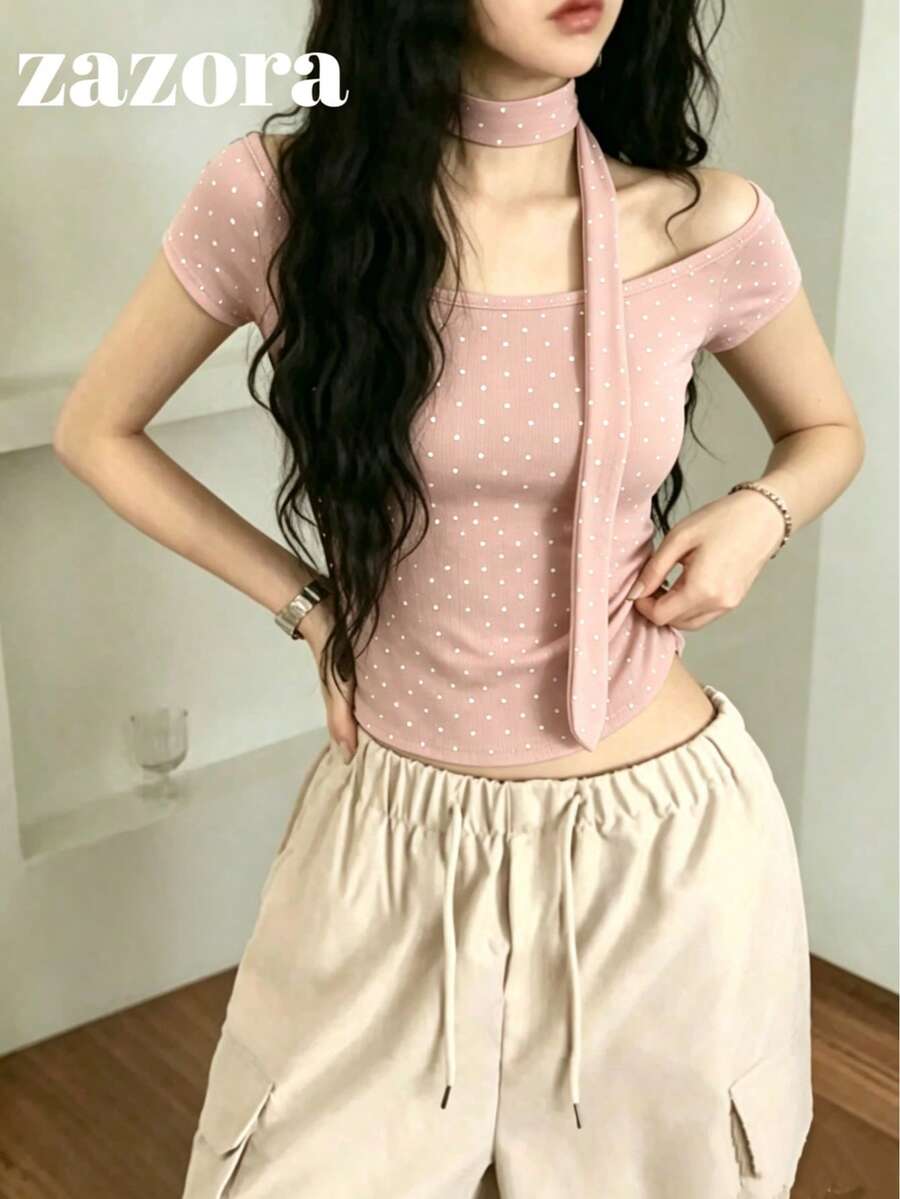 復古辣妹風露鎖骨熱壓水鑽裝飾上衣,純欲性感修身夏季襯衫 - 粉色 - 查看 1