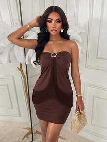 Autumn Brown Tassel Bandeau Two Pieces Set, Metal Ring Ruched Bandeau Top & Fitted Mini Skirt Outfit Summer - Brown - View 3