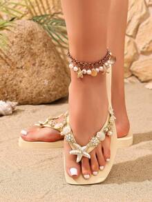 OXLL Women's Summer Flip Flops With Handmade Resin Starfish, Shell And Rhinestone Chain, Bohemian Soft Sole Beach Sandals - Champagne - View 6