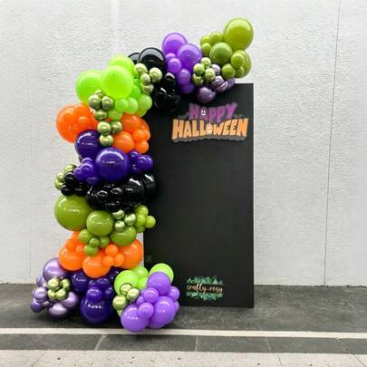Halloween Atmosphere Scene Decoration Set, Includes Black/Lime Green/Olive Green/Deep Purple/Light Purple/Metallic Green/Metallic Purple/Orange Latex Balloons, Ghost Pumpkin Lantern Foil Balloons, Suitable For Halloween Party, Holiday Decoration, Creating Scary Atmosphere Decoration Balloons, Haunted House Decoration, Outdoor Yard Lawn Porch Decoration, Photo Booth Props, "Trick Or Treat" Decoration Balloons