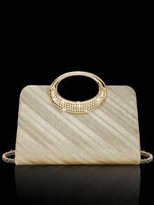 Gold Herringbone Sparkling Rhinestone Evening Clutch, Luxurious Glamorous Shiny Diamond Dress Handbag, Necklace Earrings Bracelet 3 Pieces Set, Gala - Champagne - View 2
