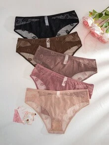 5pcs Women's Lip Mesh Jacquard Patchwork Comfortable Plus Size Triangle Panties - Multicolor - View 2