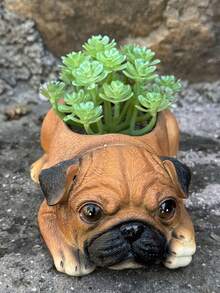 1pc Creative Realistic Pug Dog Planter Statue, Indoor Courtyard Garden Home Decor Craft - Pug - View 5