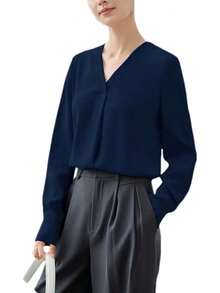 Blusa holgada formal con cuello en V y manga larga para mujer, con pliegues de negocios - azul claro - Ver 1