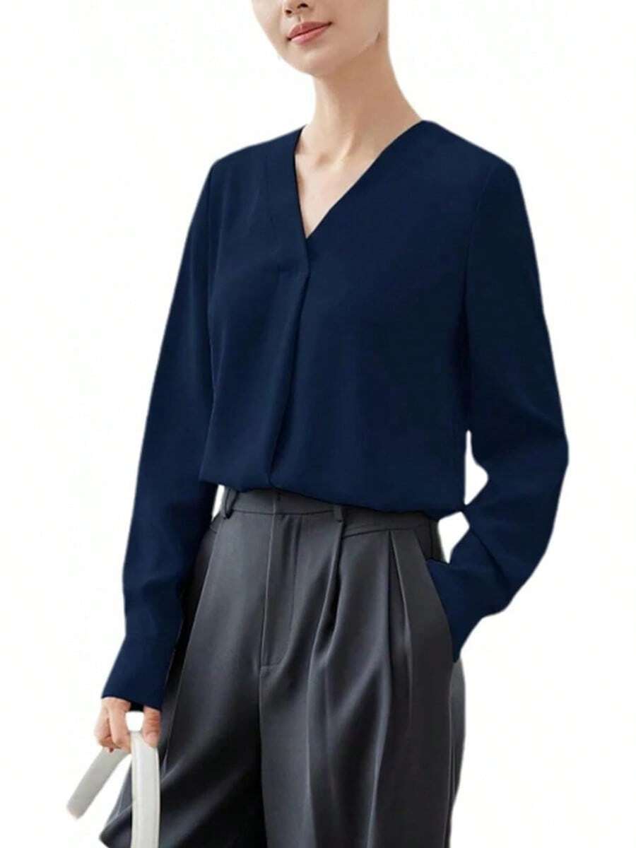 Blusa holgada formal con cuello en V y manga larga para mujer, con pliegues de negocios - azul claro - Ver 1