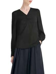 Blusa formal de manga larga con pliegues de seda con cuello en V, manga abullonada para mujer - Azul marino - Ver 10